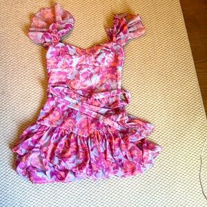 Amanda Uprichard skort romper; pale blue with peach and orchid floral